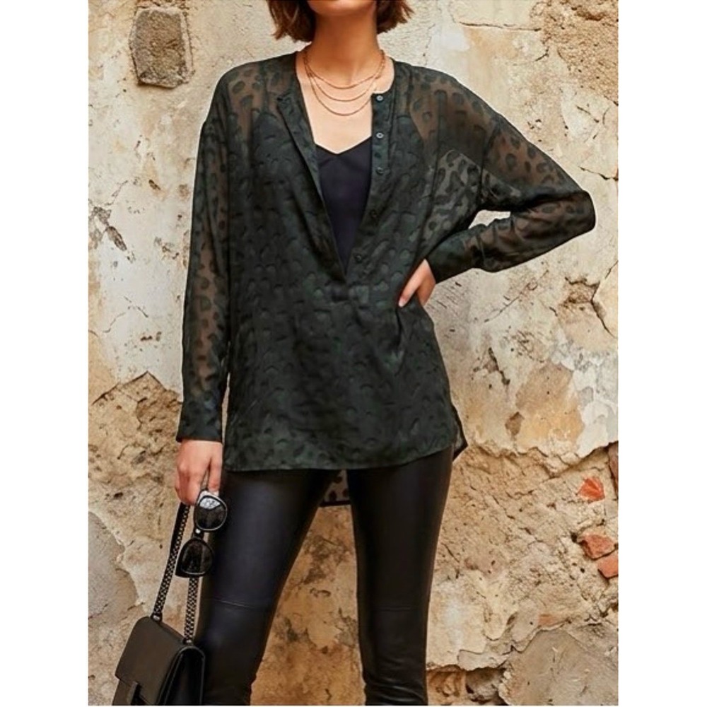 10 Crosby Derek Lam Silk Dark Green Sheer Cheetah Print Blouse Top Size 0